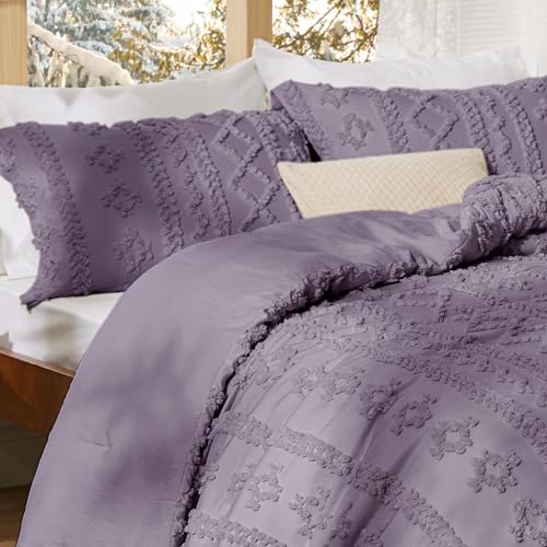 Bedsure Tufted Boho Comforter Set Twin Size - Grayish Purple Boho Bed Set, GentleSoft™ 2 Pieces Farmhouse Shabby Chic Embroidery Bedding, Gifts for Woman, Soft Jacquard Twin Comforter for All Seasons