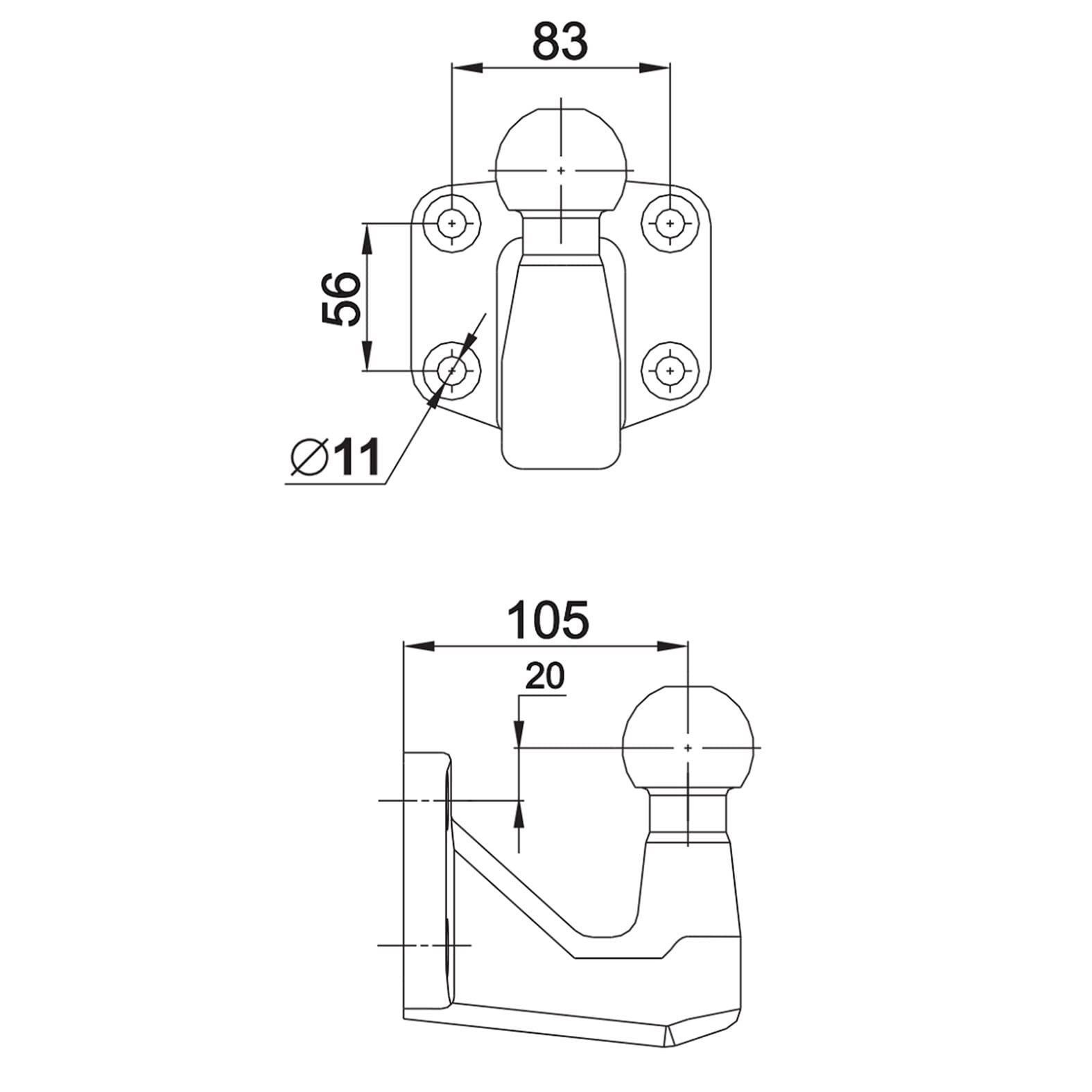 XIMPLIO Heavy Duty Duty 3500 kg / 250 kg / 25 kN Placa de tornillo brida cabeza bola de remolque acoplamiento de remolque placa perforada 83 mm x 56 mm