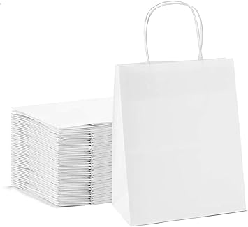 Ecoway Kraft Paper Bags - Pack Of 100 Craft Large Paper Grocery Bags With Handles For Shopping, Party, Birthday, Wedding Gift, Retail, Merchandies Ecofreindly Reusable White (28X15X28 Cm)