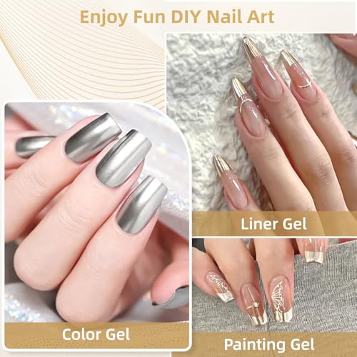 GOICC Pintauñas Gel Semipermanentes Metálica Esmaltes Semipermanentes para Uñas 3D Efecto Espejo Cromado 2 Colores 8ML Plata Dorado Gel Liner Nail Polish con Pincel Fino para Francesa Dibujo Pintado - imagen 4