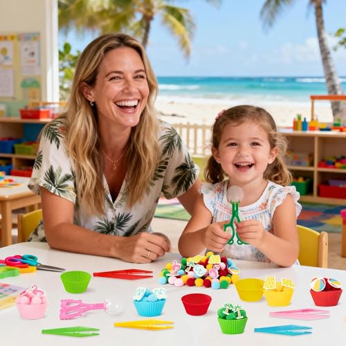 Image of EZdhuawuse Summer Sensory Bin Fillers - 268Pcs Summer Beach Fine Motor Toys Counting Sorting for Kids, Felt Beach Ball Palm Tree Pom Poms Cup Clip for Preschool Education Birthday Gift Party Favors