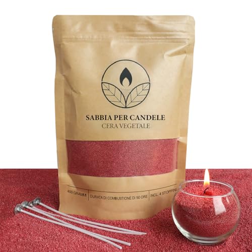 comforder Sabbia per candele con stoppini, granuli di cera, candele fai da te, 400 g, perline di cera per candele + 4 stoppini per candele (Rosso)