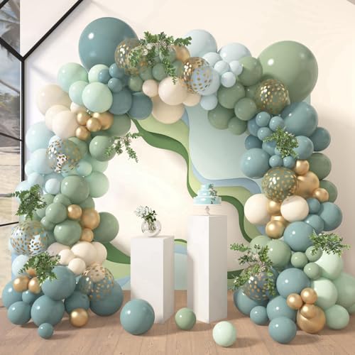 Kit Arche Ballon Bleu Sauge Vert, 104 Pièces Guirlande de Ballons Bleu Ardoise Vert Sauge avec Ballons Blanc Sable or Métallisé pour Engagement Anniversaire...