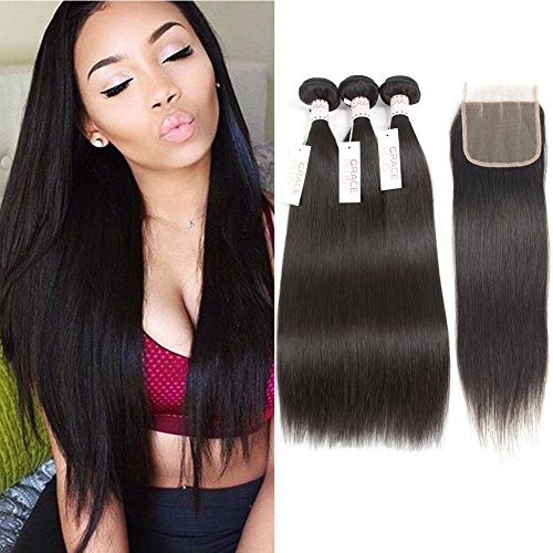 Grace Plus Brazilian Virgin Hair Straight 3 Bundles With Lace Closure Grade 7A Brazilian Remy Straight Hair Bundles Mixed Lengths Natural Color 14"16"18" with 12" Closure