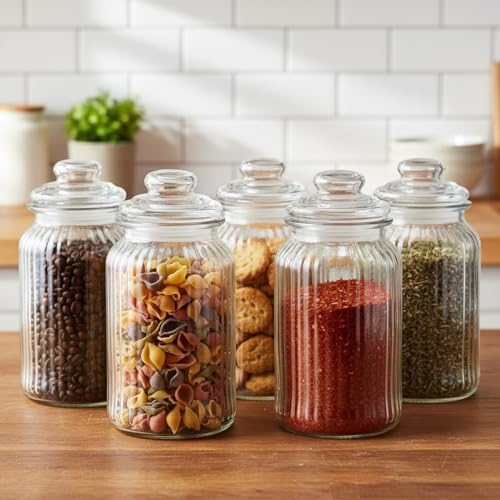 Image of STAR WORK 1500ml Airtight Glass Jar for Kitchen Storage, Clear Ribbed Glass Canister with Lid for Coffee Beans Sugar Tea Cookies Dry Food, Reusable Pantry Container (5)