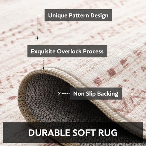 6x9 Pink Area Rug for Living Room, Nursery, Bedroom, Dining Room, Playroom, Office - Machine Washable, Distressed, Moroccan Boho, Ultra Soft Indoor Carpet
