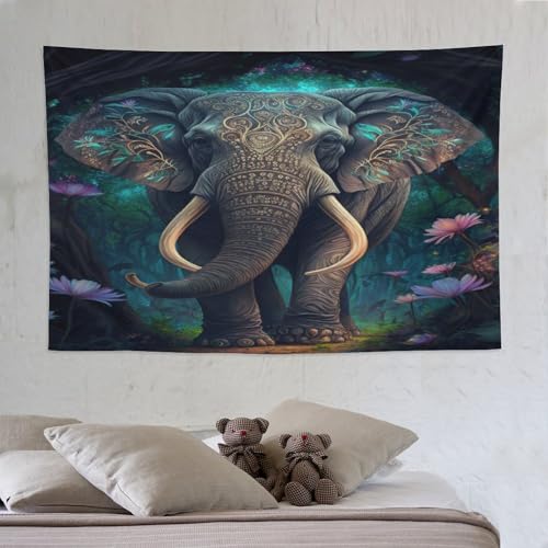Tapisserie éléphant coloré PAZZK 150x230cm tenture murale salon