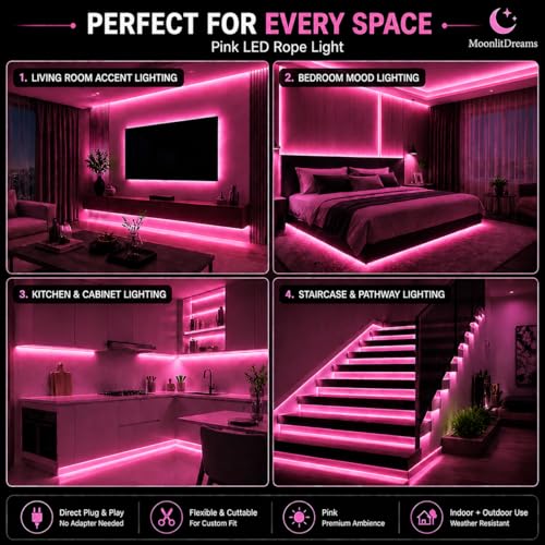 Image of MoonlitDreams 3 Meter LED Rope Light for Decoration - Waterproof Pink SMD Cove Light for Ceiling, Home Decor, LED Pipe Light for Diwali, Festival, Indoor, Outdoor Use