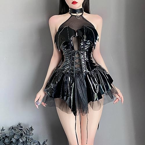 mzenuop Women's Leather Bodysuit Cute Anime Bat Imp Strap-On Costume Set