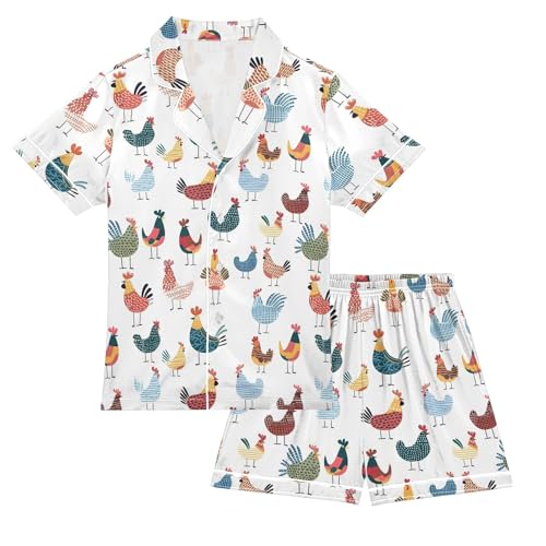 Colorful Cartoon Chicken Summer Satin Pajama Set, Cute Button-Down Sleepwear Pj Set for Sleep Wears