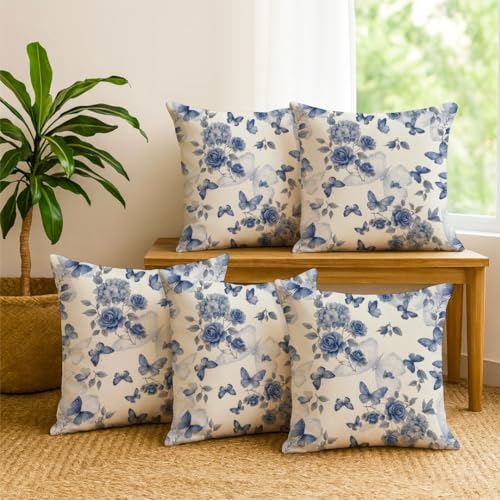 Image of Jaipur Weaves Cushion Cover 16 Inch X 16 Inch - Set of 5, Butterfly Print 180 GSM Decorative Soft Cushion Covers for Sofa /Bed /Chair, Gift for Home Decor (Blue Butterfly, 5)