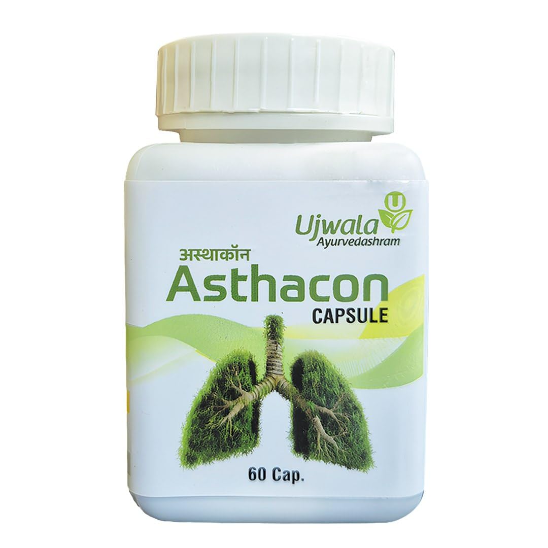 Ujwala Ayurvedashram Asthacon Capsule (60 Cap), For Asthama, Dry Cough, Whopping And Shortness In Breath, Pack of 1