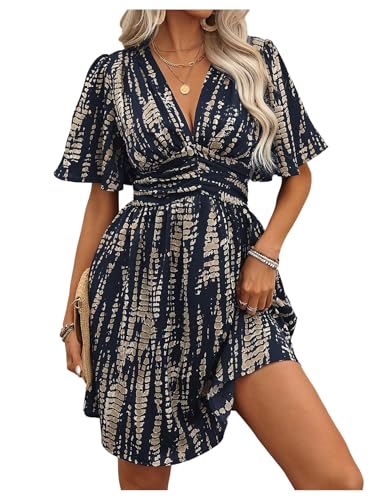 Floerns Women's Snakeskin Print V Neck Short Dress Flutter Sleeve A Line Flowy Dresses