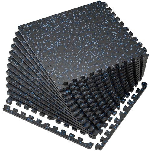 SUPERJARE 0.56'' Thick 12 Pcs 48 Sq Ft Rubber Top Exercise Equipment Mats, High Density EVA Foam Mats with Rubber Top, Interlocking Gym Flooring for Home Gym, Protective Workout Mat, Black/Blue