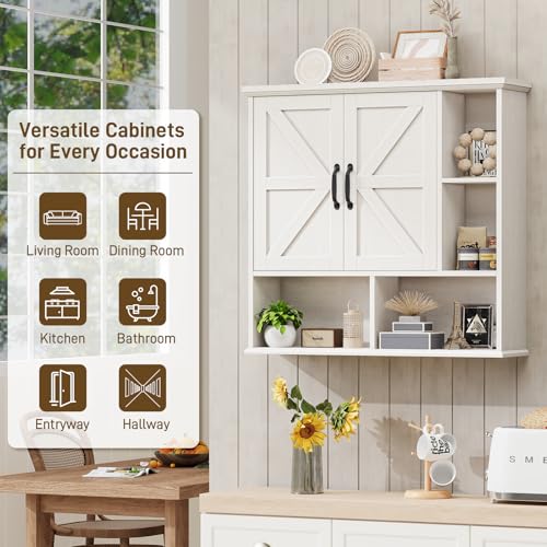 Image of Bathroom Wall Cabinet, Farmhouse Medicine Cabinet with Doors, Rustic White | Over The Toilet Storage Cabinet with Double Barn Door and Adjustable Wood Shelf for Wall Mounted for Bathroom Laundry Kitchen