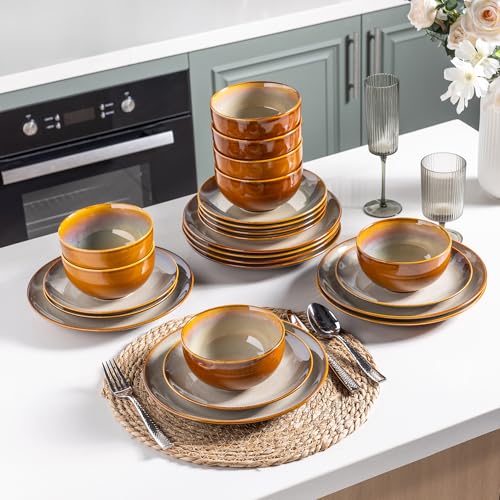 Image of LERATIO Ceramic Dinnerware Sets for 8,Stoneware Plates and Bowls Sets,Handmade Reactive Glaze Dishes Set,Chip Resistant and Scratch Resistant | Oven&Dishwasher & Microwave Safe-Kahki (24PCS)