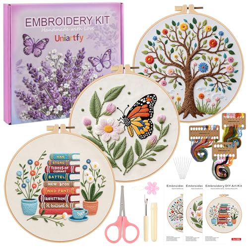 Image of Uniartfy 3 Set Embroidery Kit for Beginners, Butterfly Tree Book Patterns | Flower Stamped Cross Stitch Kits for Adults, Needle Point Kits with Hoop, Needles, Threads, Tools, Instruction & Video, Gift