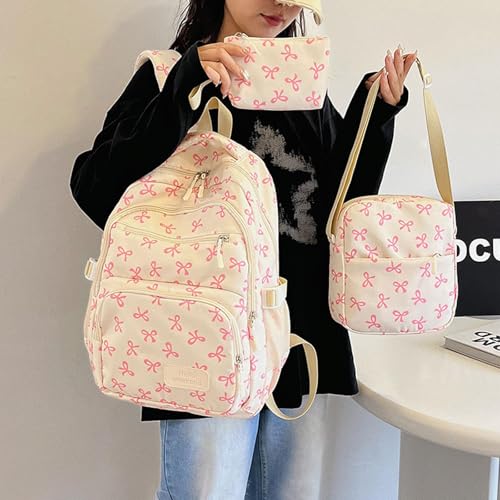Pink Bow Backpack Set – 3Pcs Kawaii Coquette Nylon Rucksack with Lunch Bag & Pouch, Cute Preppy Backpack (rosered)2
