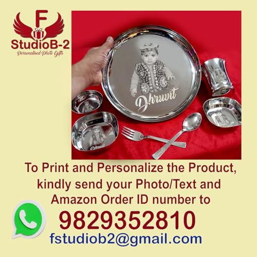 Image of Customised /Laser Photo Print Stainless Steel Round Lunch & Dinner Set for Kids Dinner Plate (7 Piece Set) (Big Thali Set)