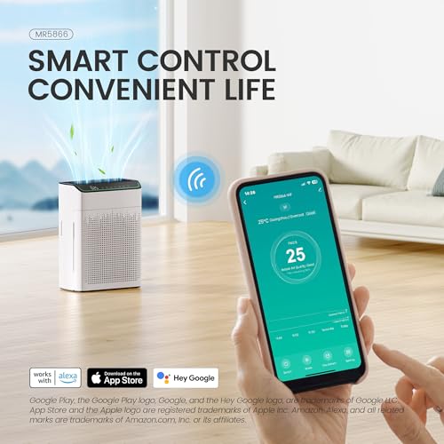 Image of Air Purifiers for Home Large Room up to 1690 ft, HEPA Filter with PM 2.5 Monitor, WiFi and Alexa Compatible, Dual Air Intake for Smoke, Odor, Ivory