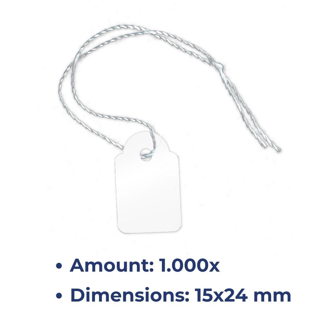 Pokornys – étiquettes de prix avec fil (15 x 24 mm) pour vêtements, bijoux, accessoires, etc. – Étiquettes de prix en carton avec fil de coton (1000)