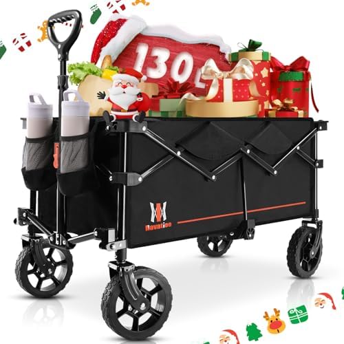Navatiee Collapsible Folding Wagon, Wagon Cart Heavy Duty Foldable with Two Drink Holders, Utility Grocery Wagon for Camping Shopping Sports, S2, Black