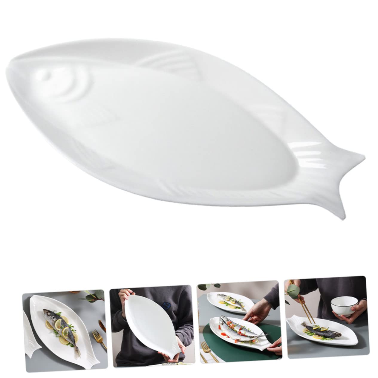 Piatto Pesce in Ceramica Bianca, Piatto da Portata a Forma Ellittica