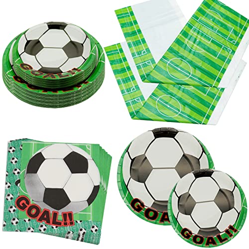 PIXHOTUL Lot de 36 assiettes jetables de 17,8 cm et 22,9 cm, 36 serviettes de football, 2 nappes de 110 x 180 cm pour fête sur le thème du football pour 36 personnes (A)
