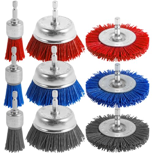 KTZCTPCA 9Pcs Nylon Filament Brush, 80/100/240 Grit Nylon Filament Abrasive Wire Brush Wheel & Cup Brush Set, 1/4inch Hex Shank Drill Powered Nylon Filament Abrasive Wire Brush for Metal Wood