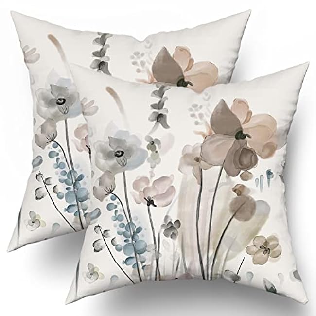 Watercolor Floral Pillow Covers 16x16 in Brown Cream Grey Teal Flower Couch Pillow Cases Rustic Abstract Modern Throw Pillows Set of 2 Home Decor for Living Room Bedroom Bed Cushion Outdoor