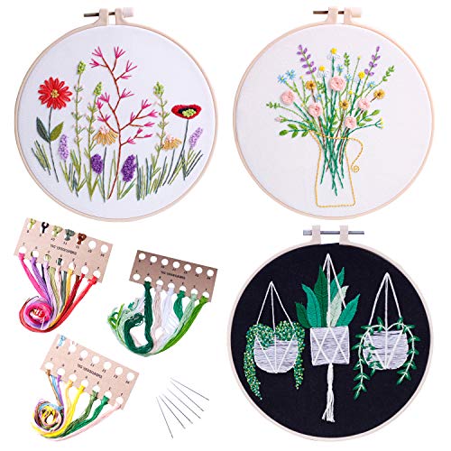 3sets Full Range Embroidery Kits for Beginners Stamped Embroidery kit Includes Embroidery Cloth with Pattern Embroidery Hoop Instruction Color Embroidery Floss Threads Set and Needles (Kit3)