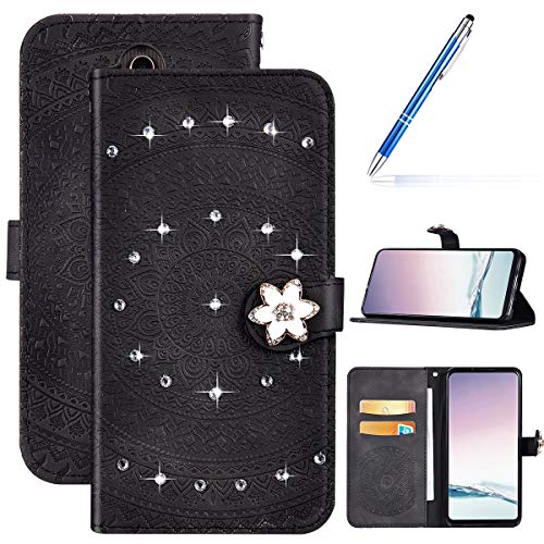 Robinsoni Case Compatible with Huawei Mate 20 Lite Phone Case Wallet Huawei Maiman 7 Leather Phone Cover Shockproof Glossy Diamond Case Flip Notebook Style Cover Heavy Duty Hard Case Mandala Black
