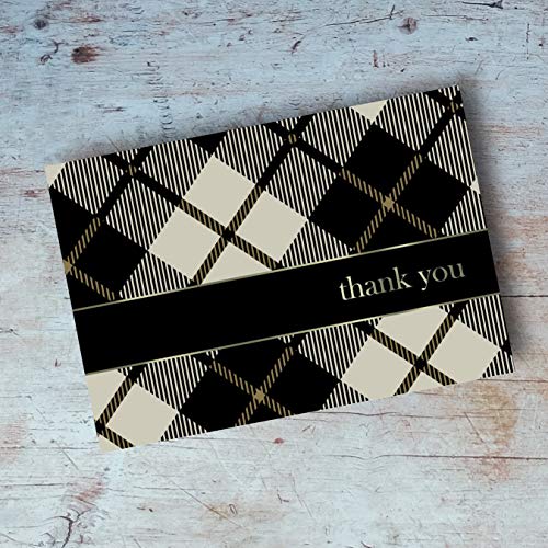 Image of Great Papers!, Black Plaid with Gold Foil Thank You Note Card and Envelope, 24 note cards and 24 envelopes, 4.875 inch x 3.375 inch (2015071)