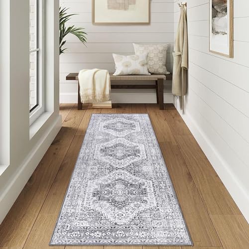 LuxFocus Vintage Läufer Teppich, Schmutzabweisend Fusselfrei Blumenmuster für Flur Küche Schlafzimmer Wohnzimmer Waschbarer Teppich im Vintage Look, Grau 60 x 230 cm