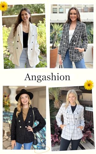 Angashion Womens Tweed Blazer Jackets: Fashion Casual Open Front Elegant Houndstooth Plaid Jacket Coat with Pockets3