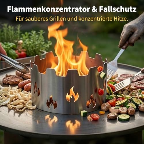 Fox·Bunny Wokaufsatz für Feuerplatten, Edelstahl, Grillplatte Plancha, kreisrunde Öffnung Ø 20 cm (Wokaufsatz Ø20cm Edelstahl)