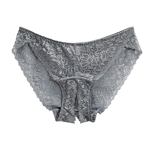 Damen Sexy Spitze Slips Charmant Crotchless Panties Atmungsaktive Ouvert-Slip Höschen Hohl Strings Unterwäsche Transparente Ouvertslip Tanga Offenem Schritt Unterhosen Thong (L,Grau)