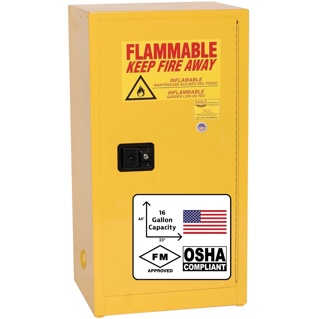 Eagle American Made 16 Gallon F﻿lammable Liquid Storage Cabinet, Self-Close Space Saver Fireproof Cabinet for Schools, Garages, Manufacturing Facilities, 23" x 18" x 44", 1905X