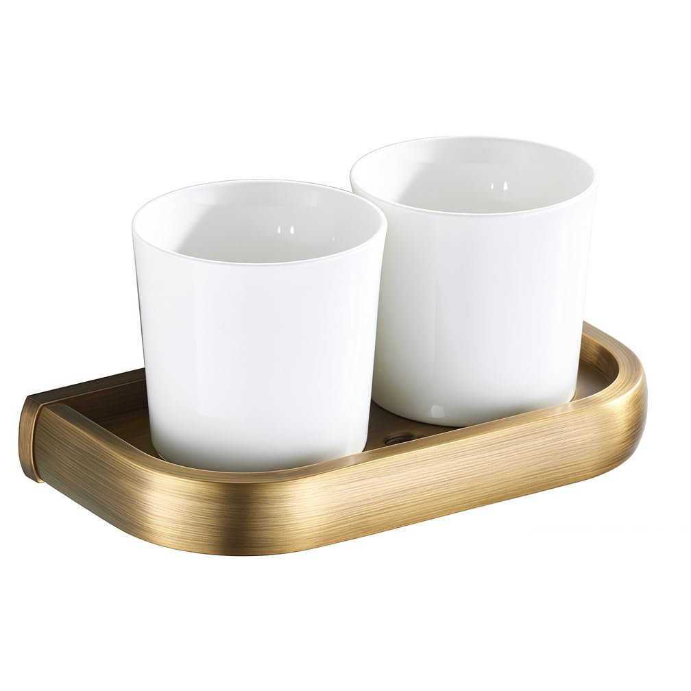Soporte para cepillo de dientes de baño con vasos de cerámica dobles montados en la pared, organizador de vasos de latón para baños, accesorio dorado funcional para un cuidado bucal cómodo