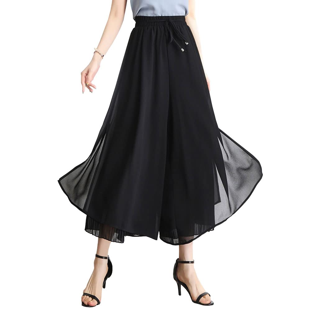 chouyatou Womens Chiffon Wide Leg Pants High Waist Pleated Culotte Palazzo Pants Side Slit