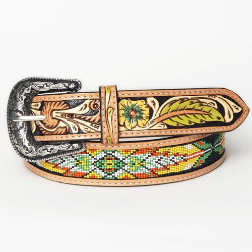 American Darling Large Hand Tooled Tan Genuine American Leather Beaded Belt Men & Women Western Belt with Removable Buckle2