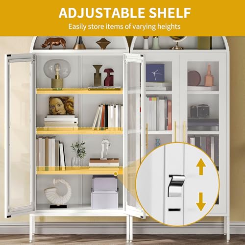 DWVO Arched Display Cabinet with Glass Doors, 71" Tall Storage Organizer Cabinet with Adjustable Shelves, Curio Cabinet with LED Lights, 5 Tier Bookcase for Collectibles Living Room Office, White
