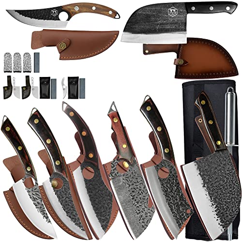 Xyj Full Tang Camping Chef Knife 6 Inch Stainless Steel Curved Boning Knives Non-Stick Hammer Finished Blade Serbian Knife With Carry Leather Sheath #TOP8