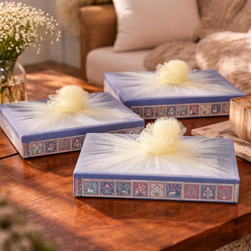 Image of SATYAM KRAFT 3 Pcs Multipurpose Decorative Folding Gift Box, Gift hampers | Paper Gift Hamper Boxes for wedding Return Gifts, Sweets, DIY Craft | Rectangular Cardboard Tray with Net (Dark Blue)