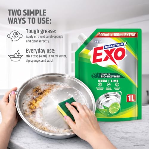 Image of Exo Dishwash Liquid Refill Pack | Neem & Lime | Tough Grease Removal for Utensils | Anti-Bacterial Dishwashing Liquid | Bio-Enzyme Liquid Dishwash | No Residue Cleaning - 1L