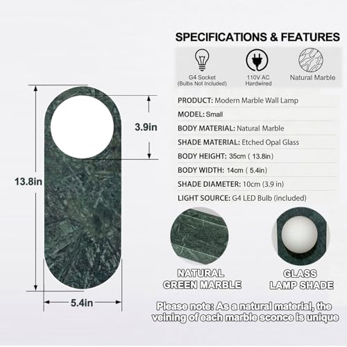 Image of Modern Green Marble Wall Sconce, Natural Stone Wall Lamp with Etched Opal Glass Shade, Mid-Century Minimalist Hardwired Wall Light for Bathroom Vanity, Bedroom, Living Room, Hallway 13.8in