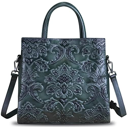 Image of Genuine Leather Satchel for Women Top Handle Handbag Handmade Embossed Vintage Satchel Crossbody Handbags Purse Bag