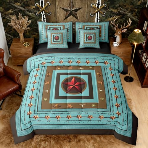 Image of Red Western Texas Star King Size Comforter Set with Sheets | Bull Skull 7 Piece Bedding Set Cowboys Gifts Western Bed in a Bag,Cowboy Boots for Boys Brown Cowboy Hats Boho Rustic Farmhouse Decor