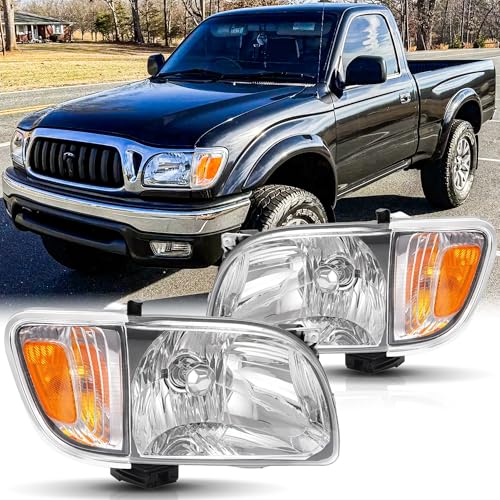SAFAUTOPARTS Headlights Assembly for 2001 2002 2003 2004 Toyota Tacoma Head Lamps Replacement with Corner Parking Turn Signal Lights Assembly Chrome Housing Amber Reflector