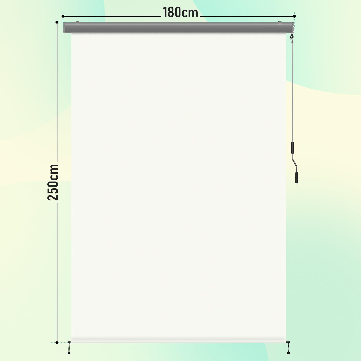 Markiza pionowa zewnętrzna 180 x 250 cm, roleta balkonowa z ręcznym mechanizmem, jako roleta zewnętrzna do ochrony przed widokiem i słońcem na balkonie i tarasie, odporna na wodę, z aluminiową
